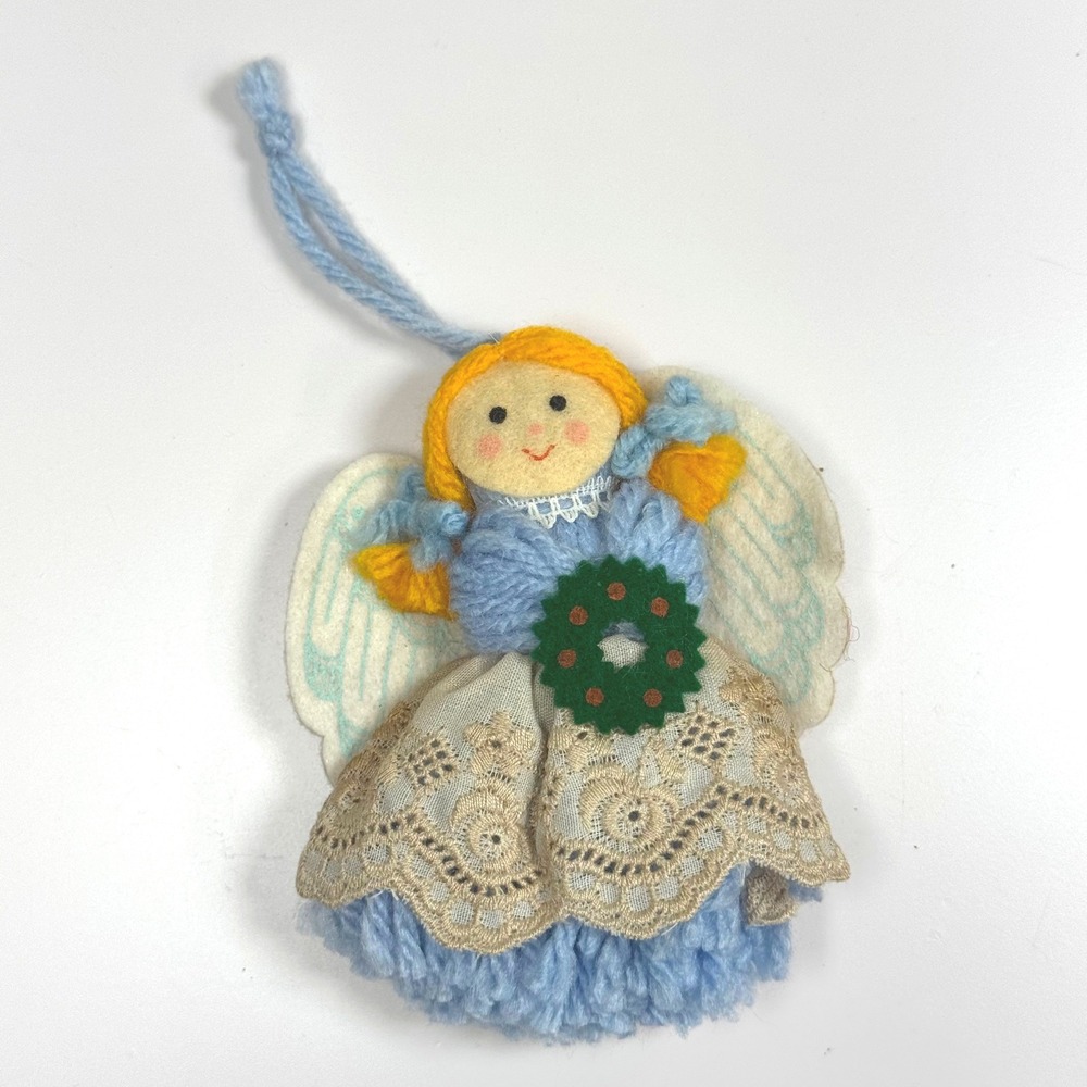 Vintage Felt Yarn Angel Christmas Ornament Blue Lace Skirt Wreath 4 Inch